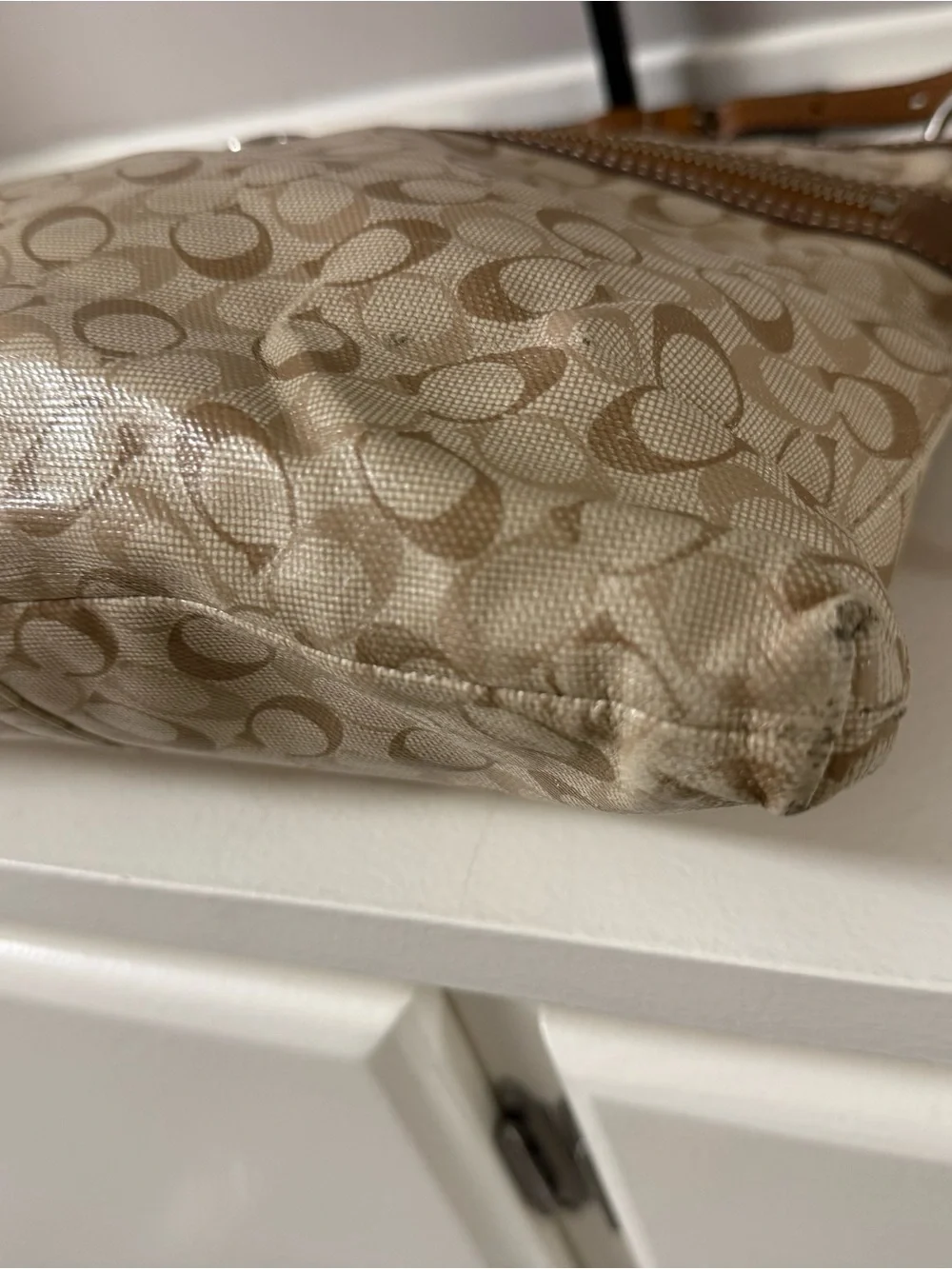 Coach Beige Signature Crossbody with Brown Leather Trim!